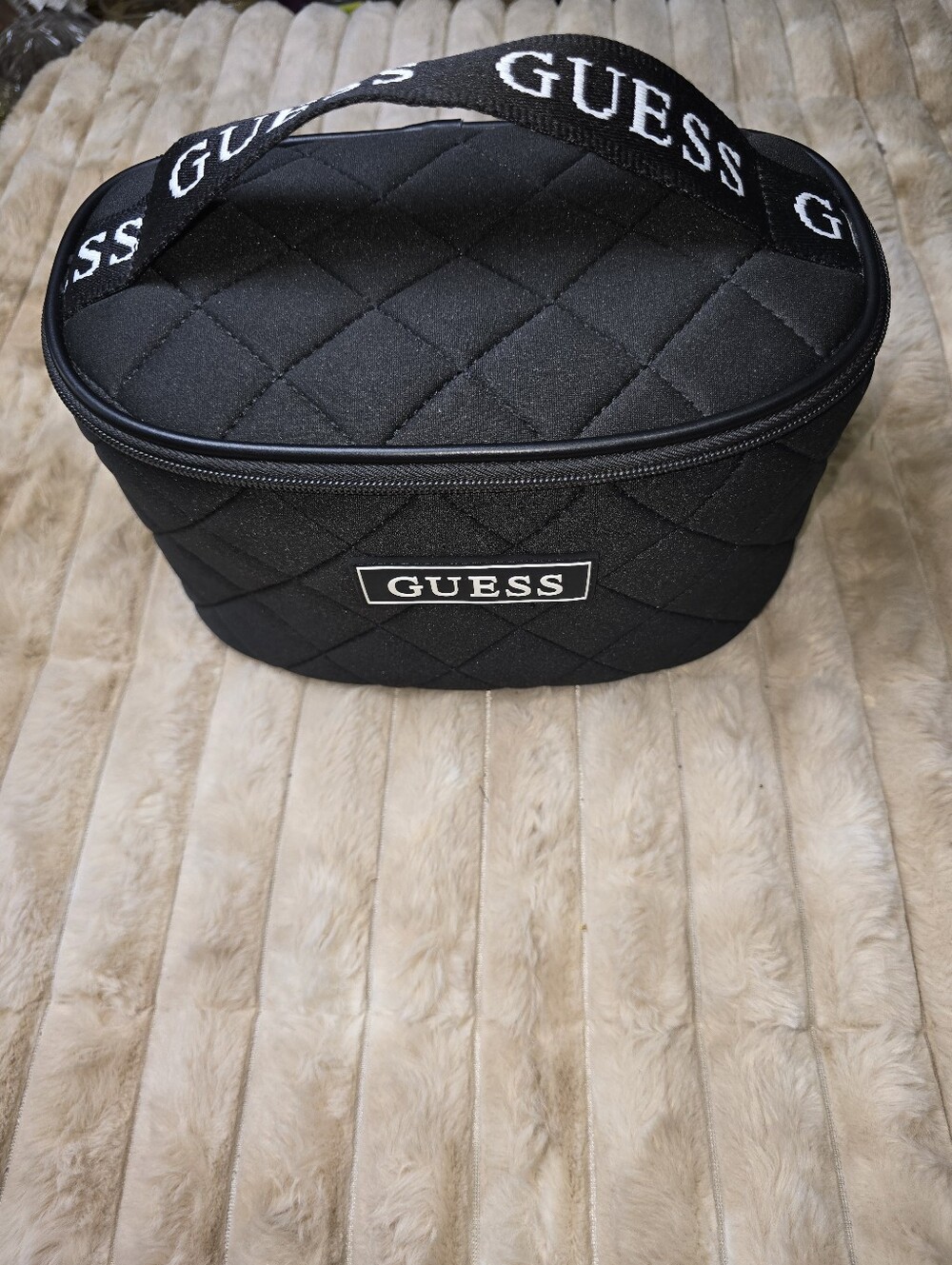 GUESS Black Quilted Logo Strap Cosmetic Train Case Makeup Travel Bag Vanity